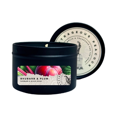 The Outrageous Peacock Rhubarb and Plum Candle Tin